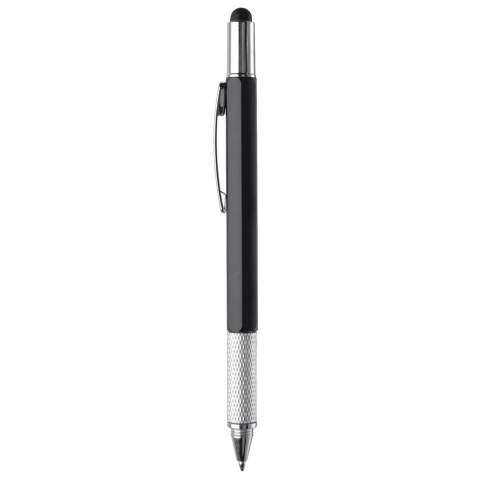 Stylo bille multifonction avec pointe pour écran tactile, un niveau à bulle, tournevis plat et règle. Equipé d'une cartouche d'encre bleue.