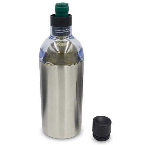 Sturdy double walled stainless steel wine bottle cooler to keep a bottle of wine cool. Thanks to the nifty lid, wine can be served while the bottle remains inside the cooler. Suitable for many shapes of bottles and ideal for a picnic or barbecue party.