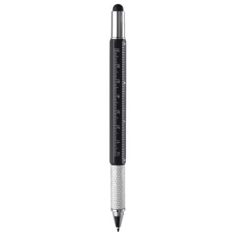 Stylo bille multifonction avec pointe pour écran tactile, un niveau à bulle, tournevis plat et règle. Equipé d'une cartouche d'encre bleue.