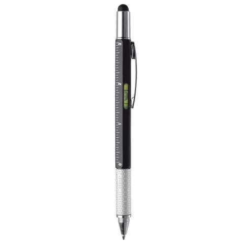 Stylo bille multifonction avec pointe pour écran tactile, un niveau à bulle, tournevis plat et règle. Equipé d'une cartouche d'encre bleue.