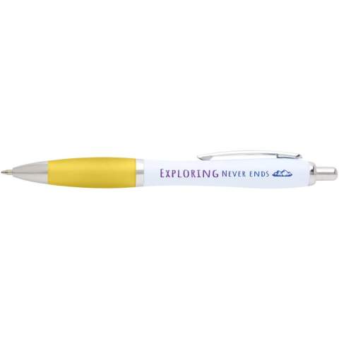 The Nash ballpoint with a stylish curvy design and a soft grip is made of recycled plastic that is hard and solid and thus offers a long life span. Ink colour: Black. Writing length: 1000 metres. Nib size: 1.00 mm.