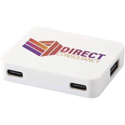 Expand your connectivity with the Gaia USB Hub, made from recycled plastic. Designed for convenience, it features a USB-A or USB-C input connector and offers four output ports (two USB-A and two USB-C)allowing you to connect multiple USB peripherals with ease. With data transfer speeds of up to 480Mbps, it's ideal for efficient everyday use. Compact and versatile, the Gaia USB Hub is a practical solution for work, study, or travel.