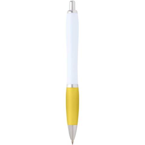 The Nash ballpoint with a stylish curvy design and a soft grip is made of recycled plastic that is hard and solid and thus offers a long life span. Ink colour: Black. Writing length: 1000 metres. Nib size: 1.00 mm.