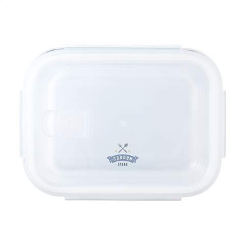 Lunch box made from high-quality borosilicate glass that can withstand high temperature differences. It has a tight-fitting PP plastic lid. This allows the contents to be kept airtight. Also suitable as a fresh box. Includes elastic closure. A sustainable and environmentally friendly product. Only the glass is dishwasher safe and suitable for use in the oven. The complete product is freezer and microwave safe. Each item is supplied in an individual brown cardboard box.
