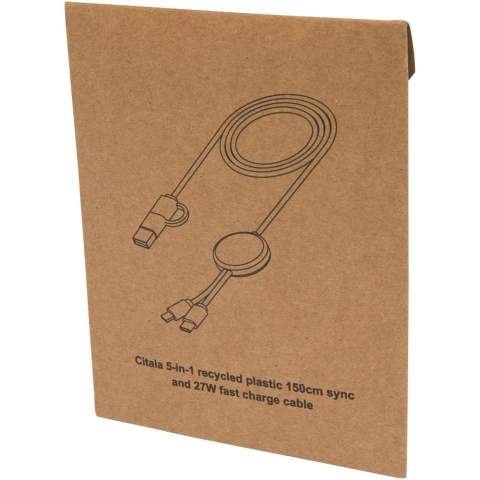 De Citala 5-in-1 datasynchronisatie- en 27 W snellaadkabel is gemaakt van gerecycled plastic. De kabel heeft USB-A- en een Type-C-ingangsconnector gecombineerd met een Type-C- en een Lightning/Micro USB-combi-uitgangsconnector. USB-A naar USB-C levert een uitgangsvermogen van maximaal 27 W en alle andere aansluitmogelijkheden maximaal 15 W. Compatibel met zowel CarPlay en Android Auto. Of je nu thuis, op kantoor of onderweg bent, de Citala kabel levert prestaties en stijl in één compact pakket. Kabellengte: 150 cm.