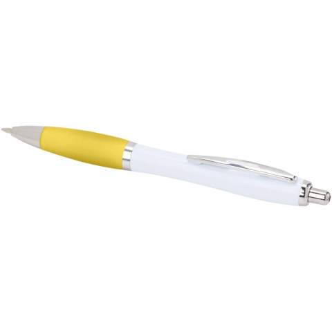 The Nash ballpoint with a stylish curvy design and a soft grip is made of recycled plastic that is hard and solid and thus offers a long life span. Ink colour: Black. Writing length: 1000 metres. Nib size: 1.00 mm.