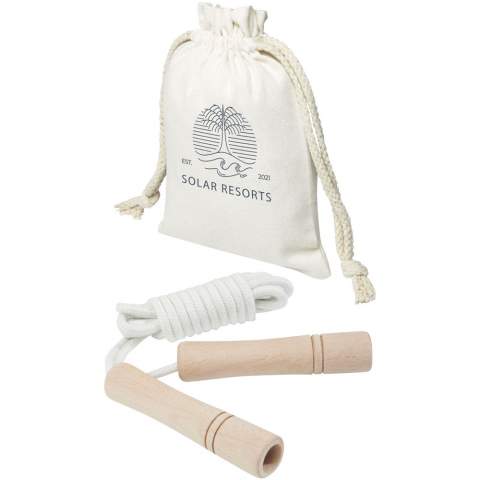 Combine fun and exercise with this skipping rope for adults. The rope is made of cotton and the handles are made of beech wood. The length of the rope is 310 cm which allows for easy skipping for adults up to 195 cm in length. The handles (12 x 2.5 cm) are ergonomically shaped providing a comfortable grip. Delivered with a cotton storage pouch (18 x 13 cm). Laser engraving is recommended as a sustainable decoration option.