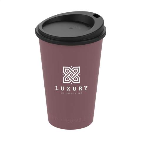 Reusable coffee cup-to-go made of PP plastic. The lid has a drinking opening. Handy for on the road. BPA free. Capacity 300 ml. Made in Germany.