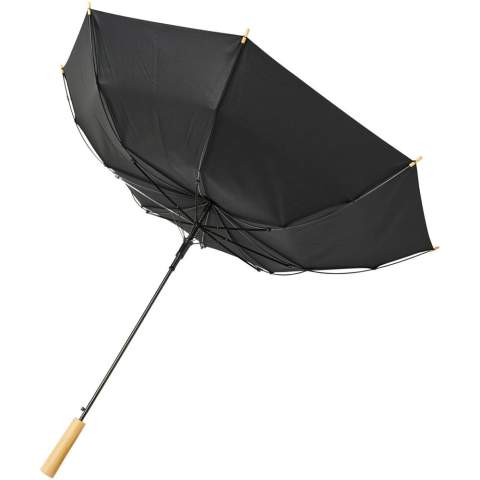 Automatische opvouwbare paraplu met een gerecyclede PET pongee polyester doek. Stevige metalen schacht en een hoogwaardig frame met glasvezel baleinen, die flexibiliteit bieden bij winderige omstandigheden. Samen met het houten handvat, de uiteinden en de gerecyclede PET pongee polyester doek is het een duurzamere keuze. Verkrijgbaar in een breed scala aan eigentijdse kleuren met een groot decoratieoppervlak op elk van de panelen.