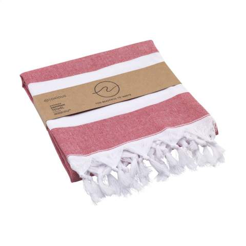 A multifunctional hammam towel from Oxious. Made from 50% Oekotex certified cotton and 50% recycled industrial textile waste and fabrics. Promo is a wonderfully soft and stylish cloth with a white stripe pattern.
Beautiful as a shawl, dress on the couch, luxurious (hammam) cloth or towel. The cloth is handmade.
These beautiful, soft cloths are made by local women in a small village in Turkey. They work there in a social context, with room for growth and development. The cloths are handmade with love and care for the environment. Pure enjoyment can begin with a product from the Oxious collection. Optional: Each item supplied in a kraft cardboard envelope and/or with a kraft sleeve.