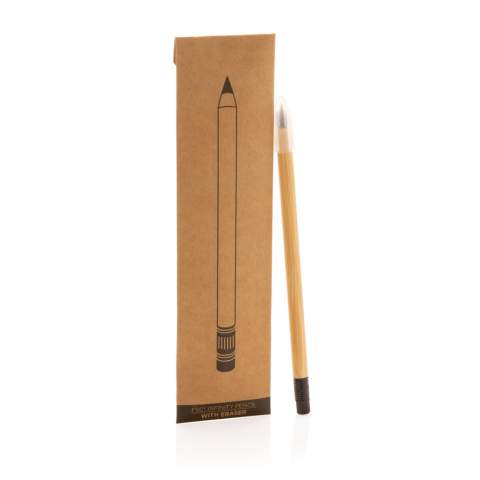 This infinity pencil with eraser replaces your traditional wooden pencil. Traditional wooden pencils write only up to around 200 metres, but this FSC® bamboo infinity pencil, has a writing length of up to around 20.000 metres using a graphite tip to produce a graphite line. Not only does it write like a pencil, but the markings can be erased. It works by leaving a graphite line on paper just like a regular traditional wooden pencil but it wears down so slowly, that it should outlast up to 100 traditional wooden pencils!