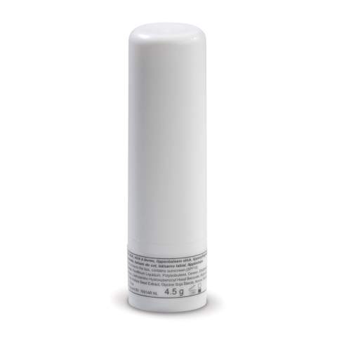 Lippenbalsam (SPF15) in einem runden Gehäuse. An der Unterseite des Stifts ist ein Drehmechanismus zum herausdrehen des Pflegestifts. Lieferbar in transparenten Farben oder einfarbig in schwarz oder weiß.