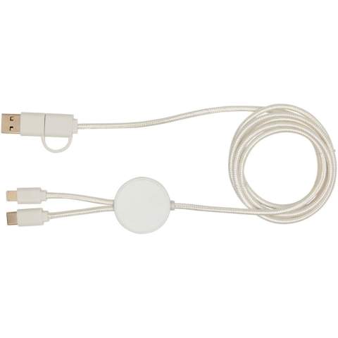 De Citala 5-in-1 datasynchronisatie- en 27 W snellaadkabel is gemaakt van gerecycled plastic. De kabel heeft USB-A- en een Type-C-ingangsconnector gecombineerd met een Type-C- en een Lightning/Micro USB-combi-uitgangsconnector. USB-A naar USB-C levert een uitgangsvermogen van maximaal 27 W en alle andere aansluitmogelijkheden maximaal 15 W. Compatibel met zowel CarPlay en Android Auto. Of je nu thuis, op kantoor of onderweg bent, de Citala kabel levert prestaties en stijl in één compact pakket. Kabellengte: 150 cm.
