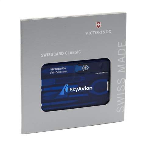 Swisscard. This Victorinox product stands for quality. The compact plastic SwissCard incorporates a multitude of practical tools and can also be used as a ruler (7.5 cm and 3 inches). Includes scissors, screwdriver, blade, nail file with screwdriver, toothpick, tweezers, ballpoint pen and straight pin. Lightweight and portable, meas. 8.1 x 5.3 x 0.4 cm. Each piece in a specially designed box. Meas. 12 x 12 x 0.7 cm. 76 g. Includes instructions and a lifetime guarantee.