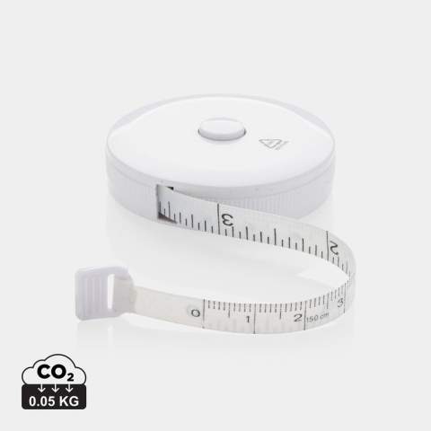1.5m/60inch recycled plastic tape with return push button, for fitness and fashion. The case is made out of RCS certified recycled ABS plastic and fibreglass. Total recycled content: 64% based on total item weight. RCS certification ensures a completely certified supply chain of the recycled materials.  The tape is 8mm wide and retractable by button. Packed in FSC® mix packaging.<br /><br />TapeLengthMeters: 1.50