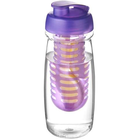 Single-wall sport bottle with a stylish curved shape. Bottle is made from recyclable PET material. Features a spill-proof lid with flip top and a removable infuser which allows you to add your favourite fruit flavour into your beverage. Volume capacity is 600 ml. Mix and match colours to create your perfect bottle. Contact customer service for additional colour options. Made in the UK. Packed in a home-compostable bag. BPA-free.