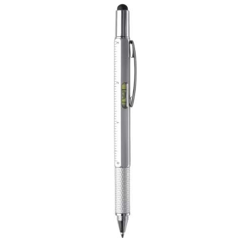 Multifunctionele balpen met stylusfunctie inclusief een waterpas, schroevendraaier en lineaal. Blauwschrijvend.