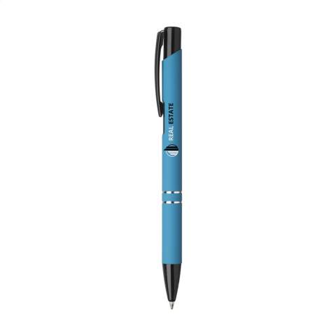 Blue ink ballpoint pen with black painted push button/clip and tip, chrome interlaces. The barrel is finished with a rubberised finish. This pen is also known as the Electra Rubberised pen.