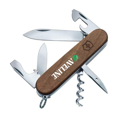 Original Swiss pocket knife by Victorinox with walnut wood handle. This wood comes from fallen branches and fallen trees. Each knife is unique thanks to the natural grain of the wood. The hard anodized aluminium intermediate plates and tools are made from 100% recycled steel. 7-piece with 10 functions: large knife, small knife, corkscrew, can opener with small screwdriver, bottle opener with large screwdriver, wire stripper, reamer with punch and sewing awl, and key ring. Includes instruction manual and lifetime warranty on material and manufacturing defects. Victorinox knives are a worldwide symbol for reliability, functionality and perfection. Please note local rules may apply regarding the possession and/or carrying of knives or multitools in public. Each item is individually boxed.