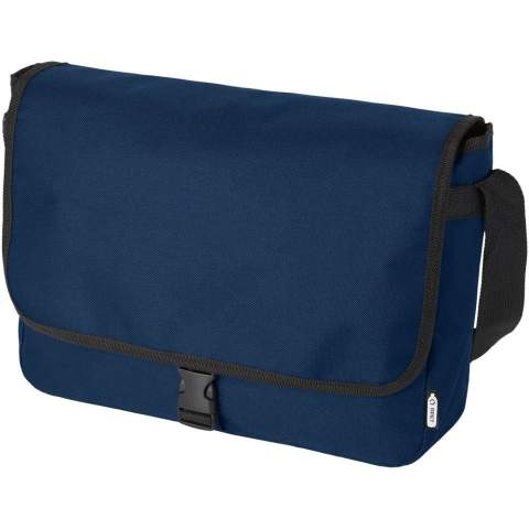 Shoulder bag made of recycled PET plastic with an adjustable shoulder strap. Features a main compartment that closes with a flap and a buckle closure.