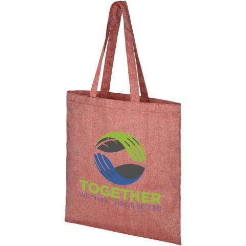 Tote made of 150 g/m² recycled cotton polyester blend with a dropdown handle length of 31 cm. Recycled cotton is manufactured from pre-consumer waste generated by textile factories during the cutting process. Similar colours are blended together so no additional dyeing is required. Due to the nature of recycled cotton, there may be a very slight colour variation. This feature distinctly adds to a more authentic appearance.This bag folds easily to fit in a small space. The perfect companion for a variety of activities like grocery shopping, day trips or craft projects. Resistance up to 5 kg weight.