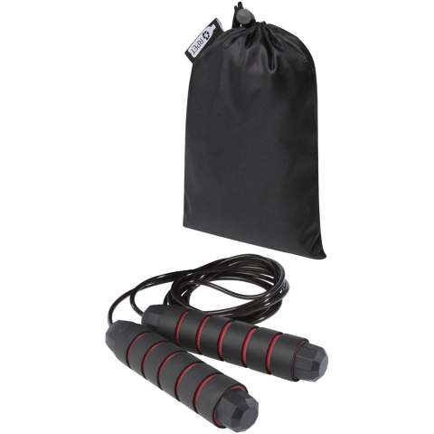 Professional skipping rope for adults with ergonomically shaped soft foam handles, providing a firm and comfortable grip during the workout. The length of the rope is 310 cm which allows for easy skipping for adults up to 195 cm in length. The length of the rope is adjustable and has a built-in high-quality, 360° rotatable, high-speed ball bearing to ensure smooth effortless rotation and avoid tangling. Delivered with a storage pouch (21 x 14 cm) made from recycled PET plastic, which provides a great area for printing a logo.