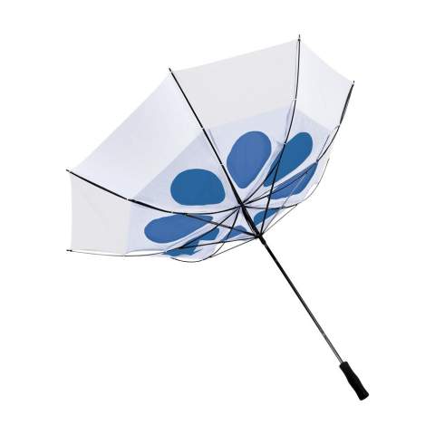 Luxe dubbellaags golfparaplu met 190T polyester en 190T nylon bespanning, stormfunctie, windbreker systeem, glasvezel frame en steel, voorgevormde foam handgreep en dubbele klittenbandbandsluiting. In opberghoes.