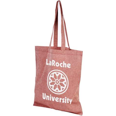 Tote made of 150 g/m² recycled cotton polyester blend with a dropdown handle length of 31 cm. Recycled cotton is manufactured from pre-consumer waste generated by textile factories during the cutting process. Similar colours are blended together so no additional dyeing is required. Due to the nature of recycled cotton, there may be a very slight colour variation. This feature distinctly adds to a more authentic appearance.This bag folds easily to fit in a small space. The perfect companion for a variety of activities like grocery shopping, day trips or craft projects. Resistance up to 5 kg weight.
