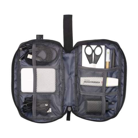 WoW! Pouch for organised and clear storage of cables, chargers and technical accessories. Made from 600D RPET polyester. The inside offers ample storage space, divided into several (mesh) compartments. With zip closure, an extra zip pocket on the exterior and a practical carrying loop. Ideal for travelling, but also handy at home or in the office. GRS-certified. Total recycled material: 88%.
