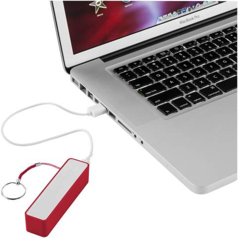 Jive 2000 mAh power bank. 2000 mAh battery capacity with LED indicator for charging process. Reusable power bank charges via included USB cable in about 2 hours. Includes split metal key ring and white carton box. ABS Plastic. 