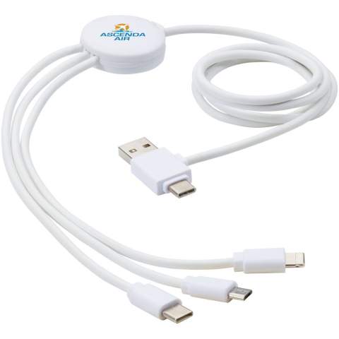 Charging cable with antibacterial additive and 5 different connectors: Type-C input, USB-A input, Type-C output, iOS output, and micro USB output. This allows for using the cable also with Type-C output devices that are included in the newer generation of phones and macbook computers. Cable length is 100 cm. The antibacterial additive is able to effectively reduce the bacterial levels present on the surfaces of the material, with high effectiveness in inhibiting the growth of bacteria and fungi responsible for creating unpleasant smells, staining and degradation of textile and plastic products. Tested according to ISO 20743:2013. 