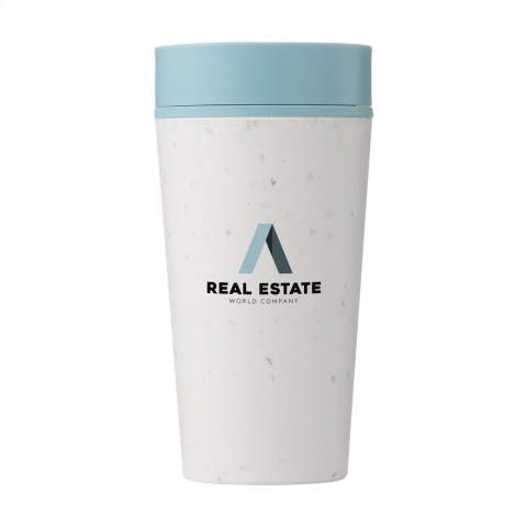 Double-walled, circular reusable coffee-to-go cup with lid from Circular&Co. The outer insulating layer of this cup is made from used, recycled single-use paper coffee cups. With inner wall and lid made of PP. 100% leak free. The insulating effect keeps your hot drink hotter and cold drink colder for longer. The lid is designed with patented 360-degree technology, which allows you to sip from any angle. The coffee cup can be opened and closed with one hand and one click. Ideal for on the go. Food Safe, BPA-free and Melamine-free. 100% recyclable. Capacity 340 ml.
EXTRA INFO: With a minimum order of 5,000 pieces, the lid of this product is available in any PMS colour. A way to create a perfect match between product and imprint.
