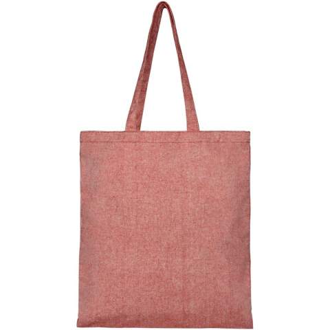 Tote made of 150 g/m² recycled cotton polyester blend with a dropdown handle length of 31 cm. Recycled cotton is manufactured from pre-consumer waste generated by textile factories during the cutting process. Similar colours are blended together so no additional dyeing is required. Due to the nature of recycled cotton, there may be a very slight colour variation. This feature distinctly adds to a more authentic appearance.This bag folds easily to fit in a small space. The perfect companion for a variety of activities like grocery shopping, day trips or craft projects. Resistance up to 5 kg weight.