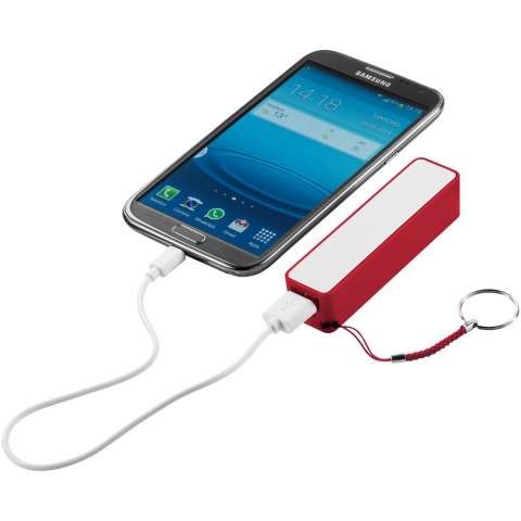 Jive 2000 mAh power bank. 2000 mAh battery capacity with LED indicator for charging process. Reusable power bank charges via included USB cable in about 2 hours. Includes split metal key ring and white carton box. ABS Plastic. 