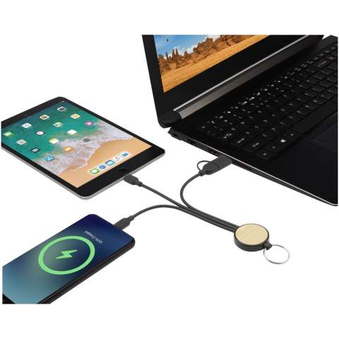 The Tecta 6-in-1 bamboo and recycled plastic charging cable shows where sustainability meets style. With a length of 25 cm, this RTPE cable delivers 2A charging power. Input: USB A and Type-C. Output: Type-C, micro USB, and 2-in-1 micro USB and lightning dual tips compatible with both iOS and Android devices. The aluminium USB tips provide a secure and stable connection, ensuring reliable charging every time. The silver stainless steel keyring serves as a convenient way to organise and carry the cable. Packed in a kraft paper envelope.