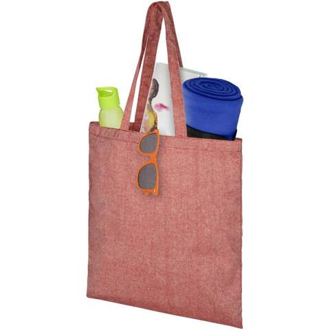 Tote made of 150 g/m² recycled cotton polyester blend with a dropdown handle length of 31 cm. Recycled cotton is manufactured from pre-consumer waste generated by textile factories during the cutting process. Similar colours are blended together so no additional dyeing is required. Due to the nature of recycled cotton, there may be a very slight colour variation. This feature distinctly adds to a more authentic appearance.This bag folds easily to fit in a small space. The perfect companion for a variety of activities like grocery shopping, day trips or craft projects. Resistance up to 5 kg weight.