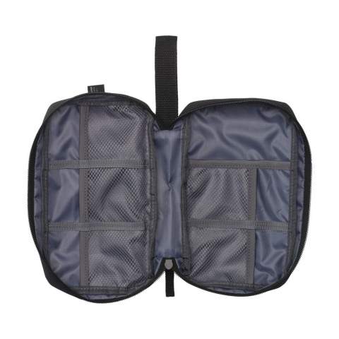 WoW! Pouch for organised and clear storage of cables, chargers and technical accessories. Made from 600D RPET polyester. The inside offers ample storage space, divided into several (mesh) compartments. With zip closure, an extra zip pocket on the exterior and a practical carrying loop. Ideal for travelling, but also handy at home or in the office. GRS-certified. Total recycled material: 88%.