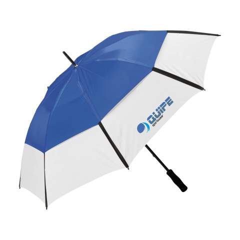 Luxe dubbellaags golfparaplu met 190T polyester en 190T nylon bespanning, stormfunctie, windbreker systeem, glasvezel frame en steel, voorgevormde foam handgreep en dubbele klittenbandbandsluiting. In opberghoes.