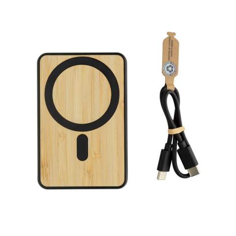 5.000 mAh pocket size powerbank with 5W magnetic wireless charger with a case made out of RCS certified recycled ABS plastic and FSC certified bamboo.. RCS (Recycled Claim Standard) is a standard to verify the recycled content of a product throughout the whole supply chain. Total recycled content: 22 % based on total item weight.The powerbank contains a long lasting grade A 5.000 mAh lithium polymer battery. With integrated phone stand. The power indicators will indicate the remaining energy level so you always know when to re-charge.; Type-C Input 5V/2.4A; Type C output:5V/2A.4A Item and accessories PVC free. Including RCS certified recycled TPE charging cable. Packed in FSC® mix packaging.<br /><br />WirelessCharging: true<br />PowerbankCapacity: 5000<br />PVC free: true