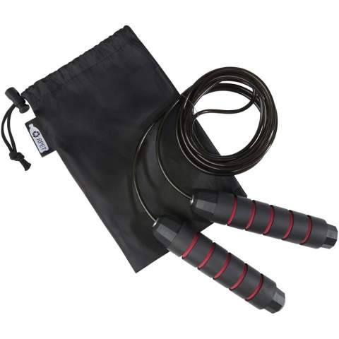Professional skipping rope for adults with ergonomically shaped soft foam handles, providing a firm and comfortable grip during the workout. The length of the rope is 310 cm which allows for easy skipping for adults up to 195 cm in length. The length of the rope is adjustable and has a built-in high-quality, 360° rotatable, high-speed ball bearing to ensure smooth effortless rotation and avoid tangling. Delivered with a storage pouch (21 x 14 cm) made from recycled PET plastic, which provides a great area for printing a logo.