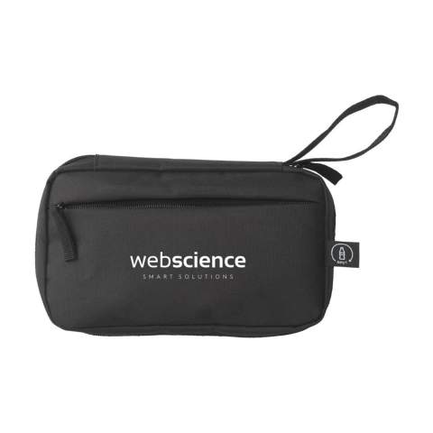 WoW! Pouch for organised and clear storage of cables, chargers and technical accessories. Made from 600D RPET polyester. The inside offers ample storage space, divided into several (mesh) compartments. With zip closure, an extra zip pocket on the exterior and a practical carrying loop. Ideal for travelling, but also handy at home or in the office. GRS-certified. Total recycled material: 88%.