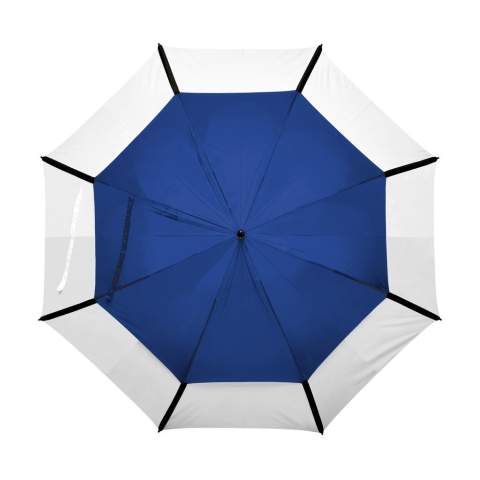 Luxe dubbellaags golfparaplu met 190T polyester en 190T nylon bespanning, stormfunctie, windbreker systeem, glasvezel frame en steel, voorgevormde foam handgreep en dubbele klittenbandbandsluiting. In opberghoes.