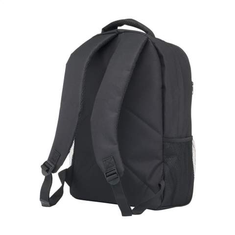 WoW! Backpack made from sturdy 600D RPET with 2 zip pockets. The spacious main compartment has foam protection pockets, one of which can accommodate a laptop with a screen size of up to 15.6 inches. The other compartment is ideal for storing smaller accessories, documents or a notebook. On the side of the backpack, you will find a mesh pocket for holding a drinking bottle and on the front of the bag is handy elastic that can be used to store a jacket, sweater or similar item of clothing. The carrying loop, adjustable shoulder straps and rear of the backpack have padded foam for extra comfort. Fully lined, this backpack is finished on the front with fluorescent accents, a great safety feature when travelling in darker conditions. GRS-certified. Total recycled material: 97%. Capacity approx. 20 litres.