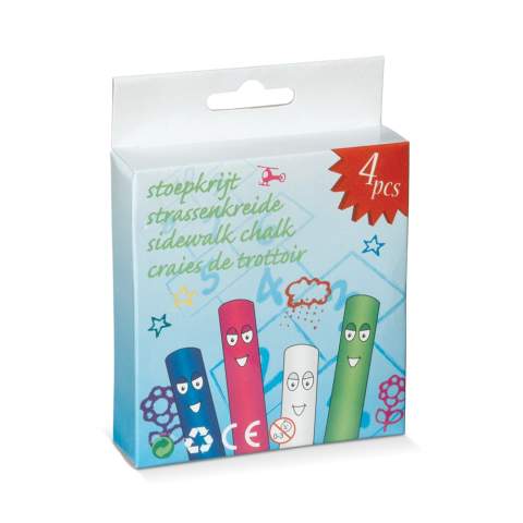 4 Stück Straßenkreide in einer bunten Kartonverpackung. Ideal als Werbegeschenk für Kinder. Ab 250 Stück kann die Verpackung individuell gestaltet werden. Rufen Sie dafür den Artikel LT90403 auf. Fragen Sie nach den Möglichkeiten.