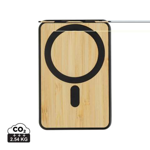 5.000 mAh pocket size powerbank with 5W magnetic wireless charger with a case made out of RCS certified recycled ABS plastic and FSC certified bamboo.. RCS (Recycled Claim Standard) is a standard to verify the recycled content of a product throughout the whole supply chain. Total recycled content: 22 % based on total item weight.The powerbank contains a long lasting grade A 5.000 mAh lithium polymer battery. With integrated phone stand. The power indicators will indicate the remaining energy level so you always know when to re-charge.; Type-C Input 5V/2.4A; Type C output:5V/2A.4A Item and accessories PVC free. Including RCS certified recycled TPE charging cable. Packed in FSC® mix packaging.<br /><br />WirelessCharging: true<br />PowerbankCapacity: 5000<br />PVC free: true