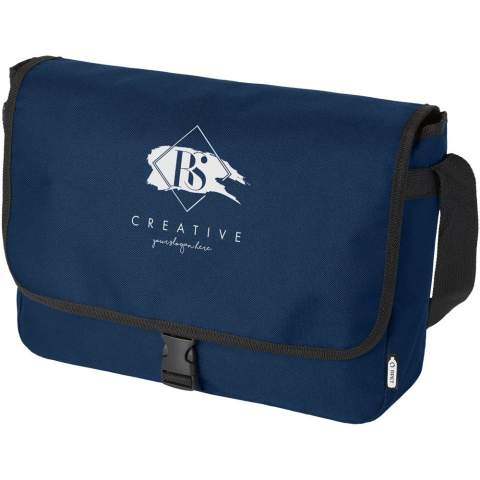 Shoulder bag made of recycled PET plastic with an adjustable shoulder strap. Features a main compartment that closes with a flap and a buckle closure.