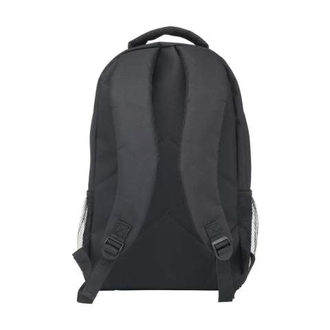 WoW! Backpack made from sturdy 600D RPET with 2 zip pockets. The spacious main compartment has foam protection pockets, one of which can accommodate a laptop with a screen size of up to 15.6 inches. The other compartment is ideal for storing smaller accessories, documents or a notebook. On the side of the backpack, you will find a mesh pocket for holding a drinking bottle and on the front of the bag is handy elastic that can be used to store a jacket, sweater or similar item of clothing. The carrying loop, adjustable shoulder straps and rear of the backpack have padded foam for extra comfort. Fully lined, this backpack is finished on the front with fluorescent accents, a great safety feature when travelling in darker conditions. GRS-certified. Total recycled material: 97%. Capacity approx. 20 litres.