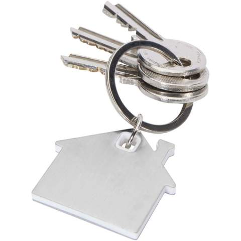 Sleutelhanger in de vorm van een huis, met een roestvrijstalen plaatje met een mat design aan de voor- en achterkant en een gekleurde plastic chip in het midden.