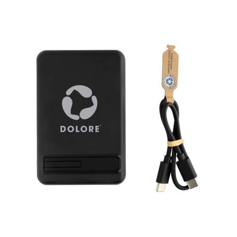 5.000 mAh pocket size powerbank with 5W magnetic wireless charger with a case made out of RCS certified recycled ABS plastic and FSC certified bamboo.. RCS (Recycled Claim Standard) is a standard to verify the recycled content of a product throughout the whole supply chain. Total recycled content: 22 % based on total item weight.The powerbank contains a long lasting grade A 5.000 mAh lithium polymer battery. With integrated phone stand. The power indicators will indicate the remaining energy level so you always know when to re-charge.; Type-C Input 5V/2.4A; Type C output:5V/2A.4A Item and accessories PVC free. Including RCS certified recycled TPE charging cable. Packed in FSC® mix packaging.<br /><br />WirelessCharging: true<br />PowerbankCapacity: 5000<br />PVC free: true