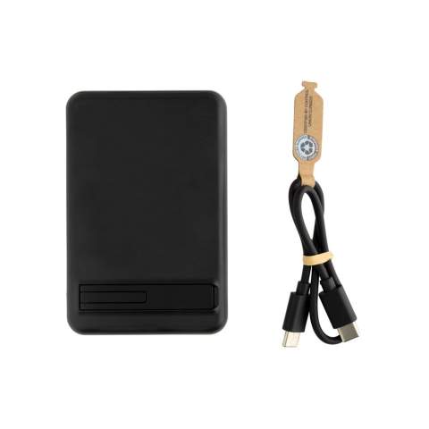 5.000 mAh pocket size powerbank with 5W magnetic wireless charger with a case made out of RCS certified recycled ABS plastic and FSC certified bamboo.. RCS (Recycled Claim Standard) is a standard to verify the recycled content of a product throughout the whole supply chain. Total recycled content: 22 % based on total item weight.The powerbank contains a long lasting grade A 5.000 mAh lithium polymer battery. With integrated phone stand. The power indicators will indicate the remaining energy level so you always know when to re-charge.; Type-C Input 5V/2.4A; Type C output:5V/2A.4A Item and accessories PVC free. Including RCS certified recycled TPE charging cable. Packed in FSC® mix packaging.<br /><br />WirelessCharging: true<br />PowerbankCapacity: 5000<br />PVC free: true